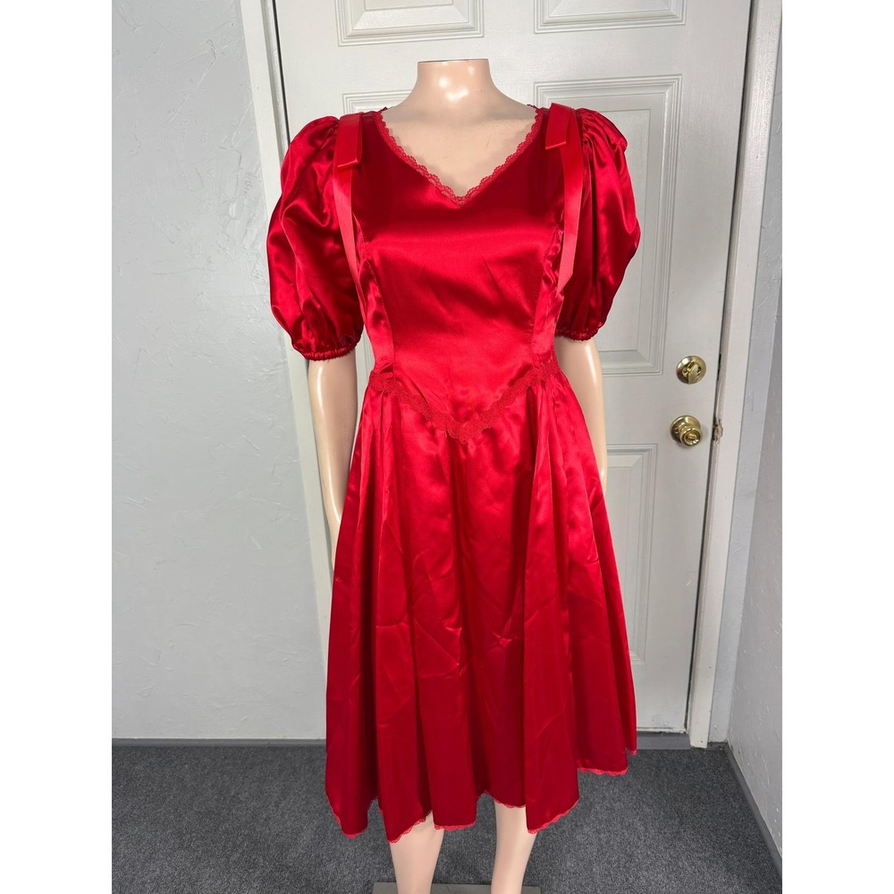 Vintage 80s Handmade Women's Dress Formal Prom Bridesmaid Puff Sleeve Satin QQ16